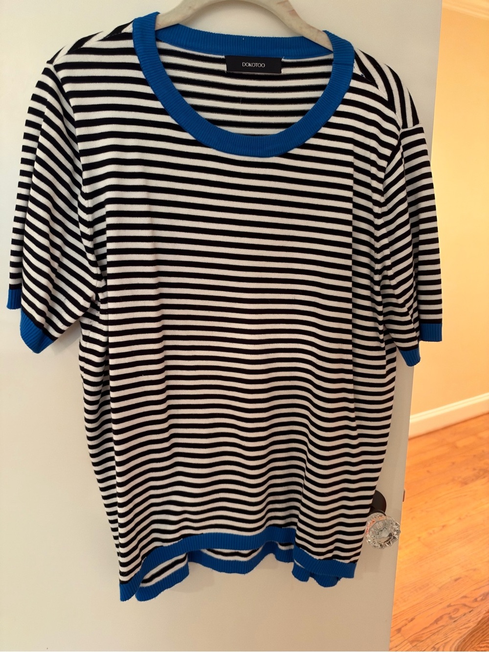 Black & White Striped Sweater with Blue Trim